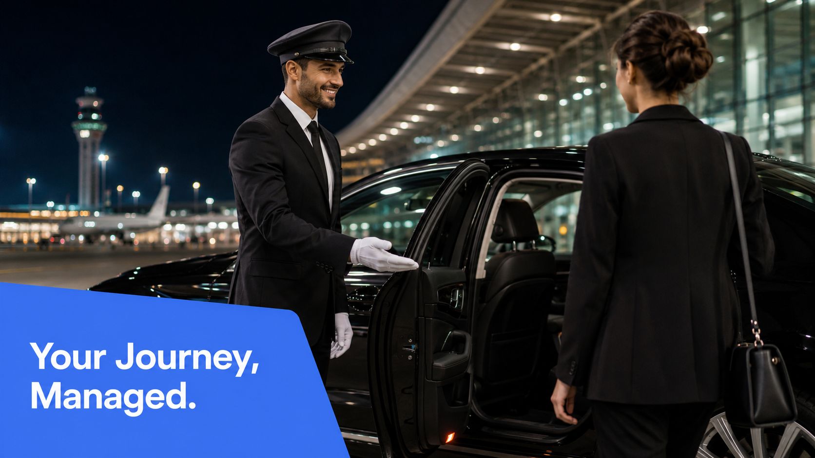 A professional private driver opening a luxury car door for a female passenger at an airport terminal.