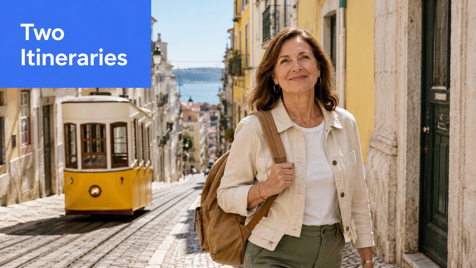 A mature woman smiling while exploring a sunny, historic street in Lisbon with a yellow tram nearby.