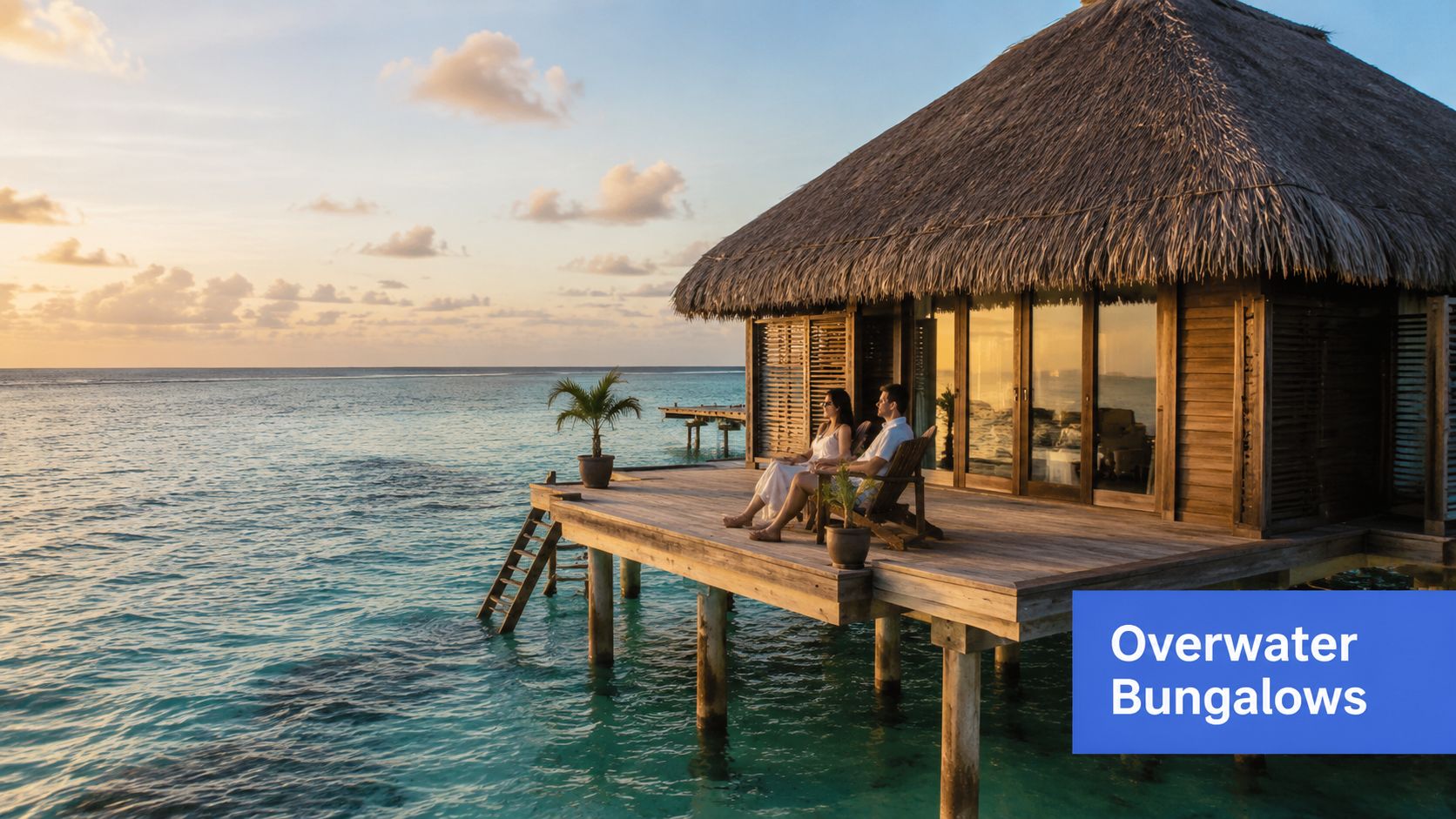 A couple relaxing on the wooden deck of a luxury overwater bungalow during a beautiful golden sunset.