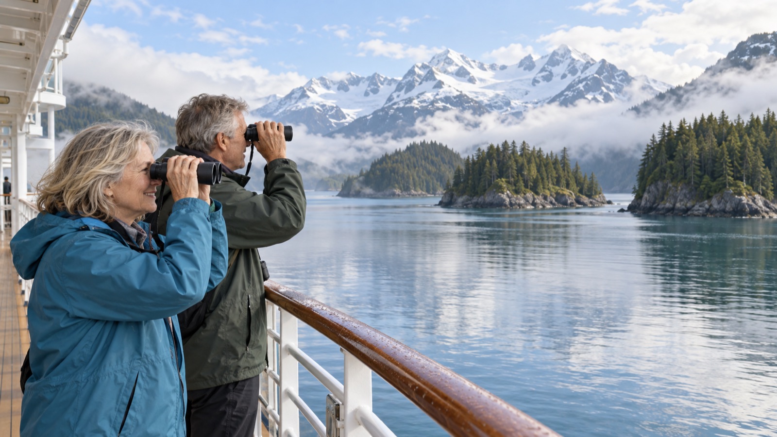 A couple watches a misty Alaska fjord from a cruise deck with binoculars in hand.