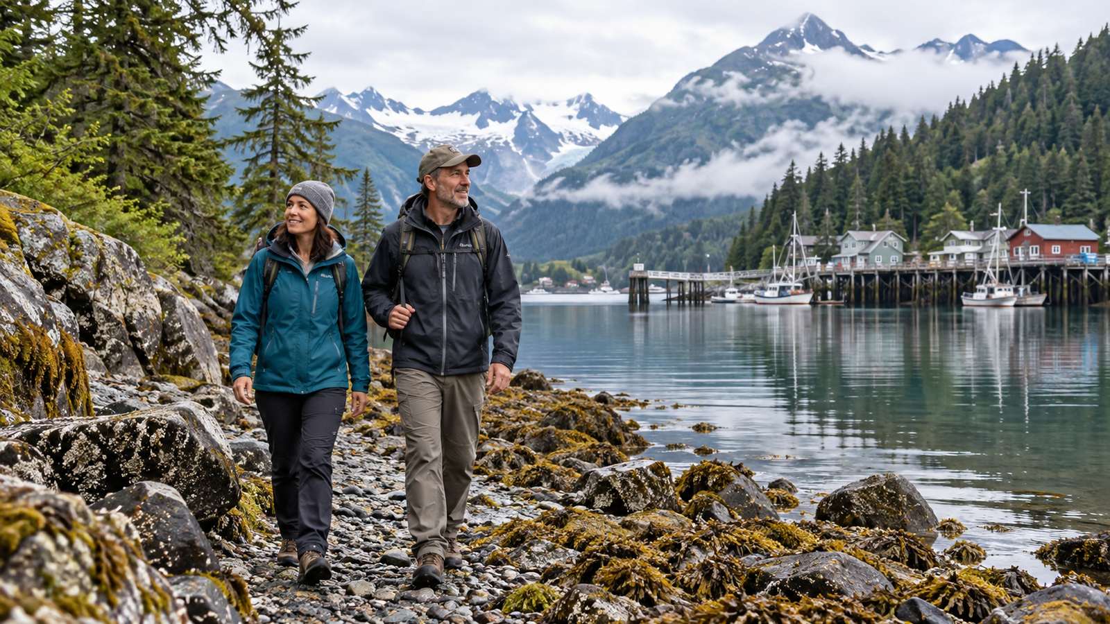 A pair of travelers walks beside an Alaska harbor with spruce trees and mountains beyond.