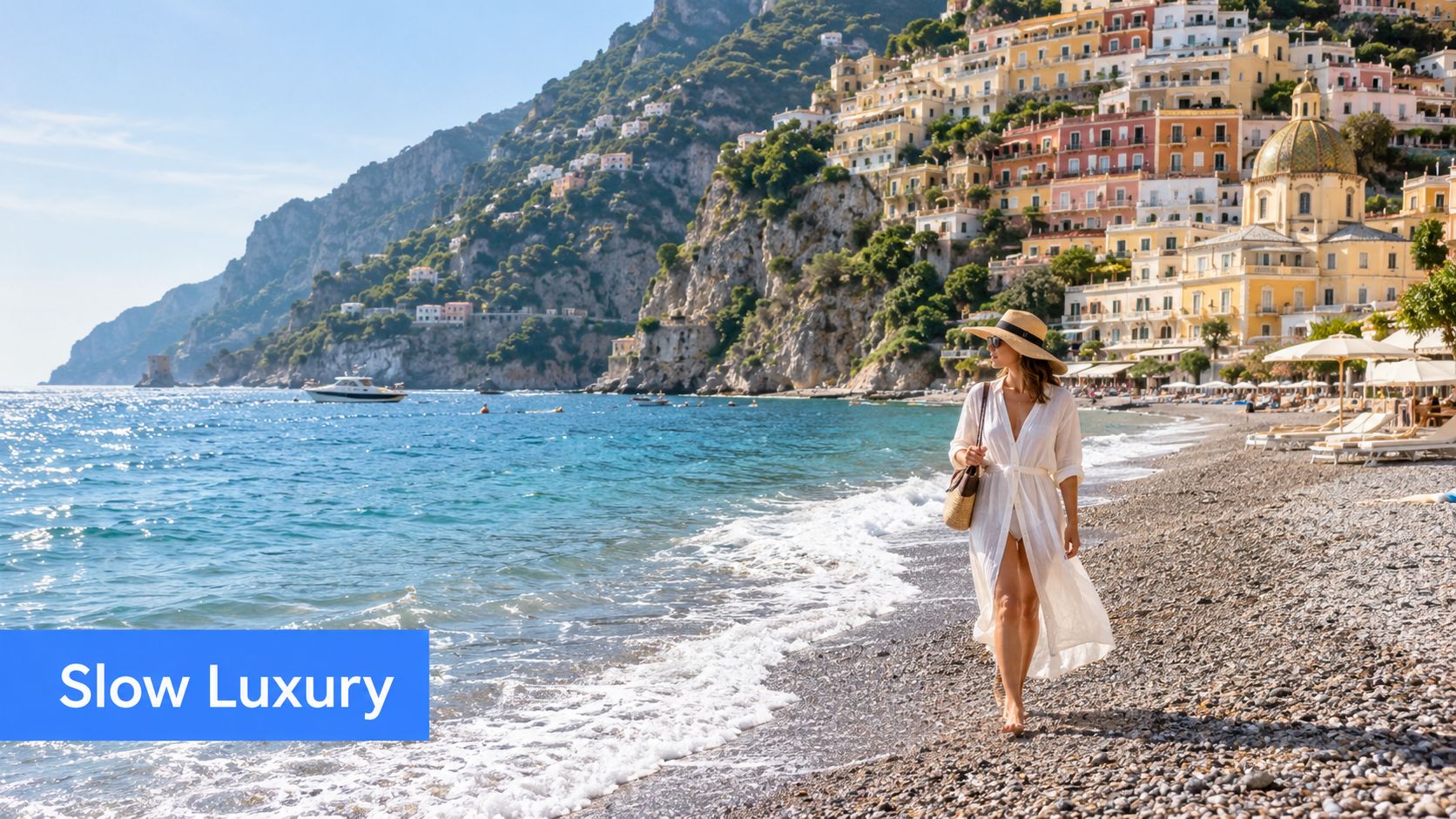 A stylish woman walking barefoot on a pebble beach in Positano with colorful buildings in the background.