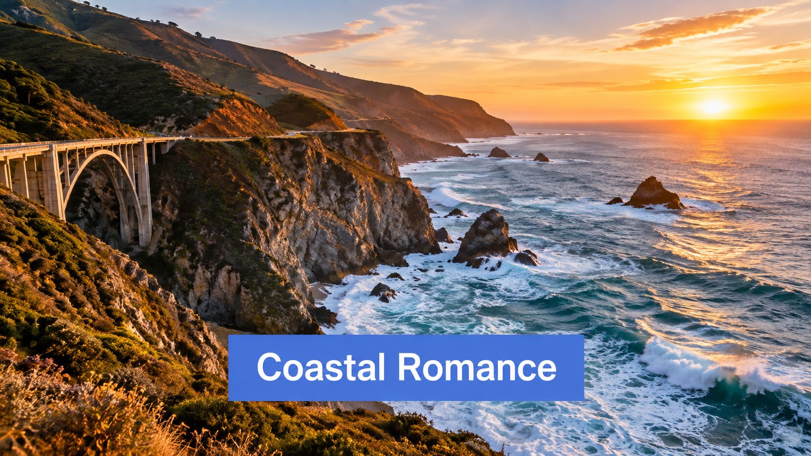 A scenic view of the Bixby Creek Bridge at sunset along the rugged California coastline.