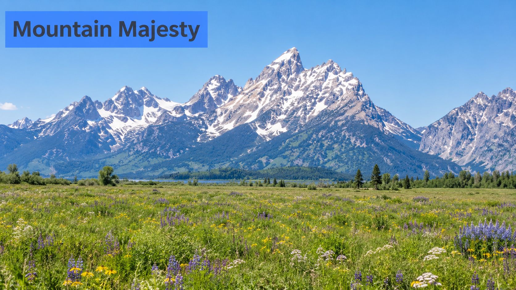 A scenic view of the majestic Grand Teton mountains rising above a vibrant field of wildflowers.