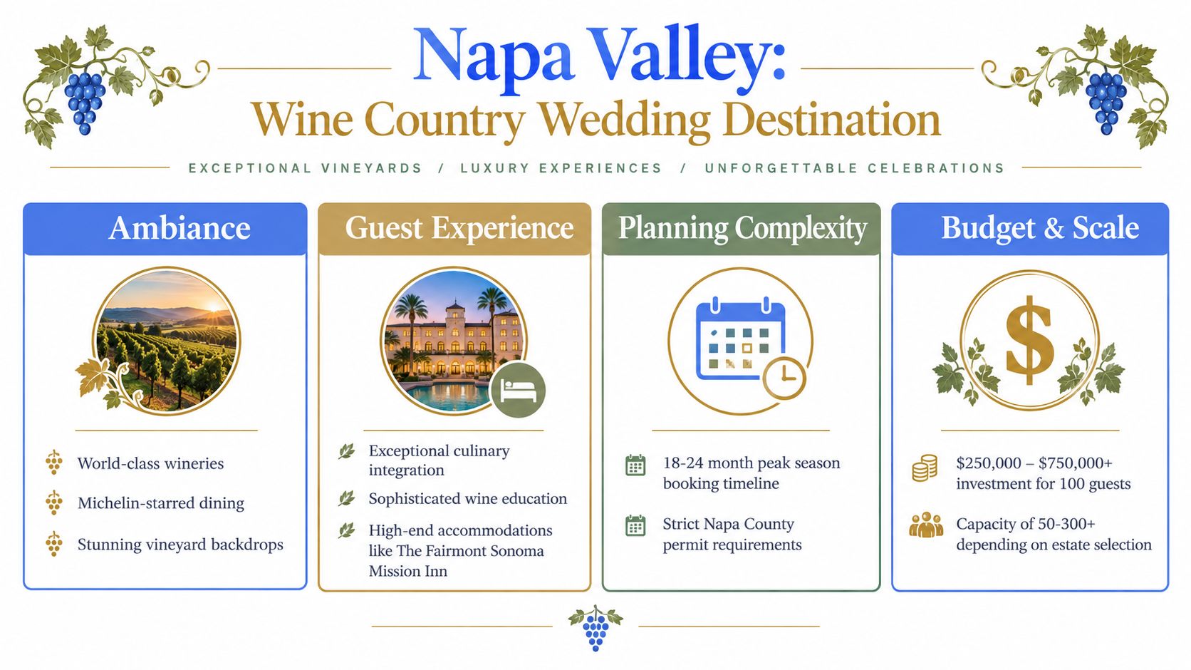 An infographic detailing the essential factors of planning a luxury destination wedding in Napa Valley, California.
