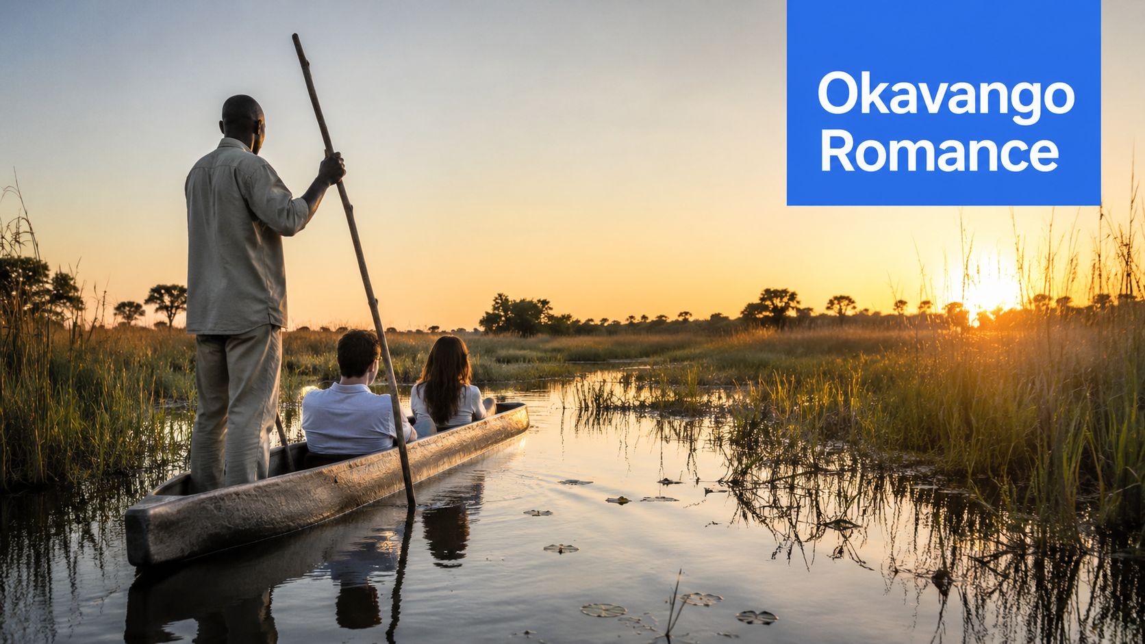 A couple sits in a traditional wooden dugout canoe in the Okavango Delta at sunset.