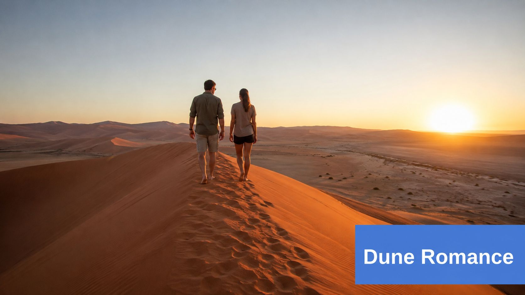 A couple walking hand in hand along a vast desert sand dune during a beautiful golden sunset.