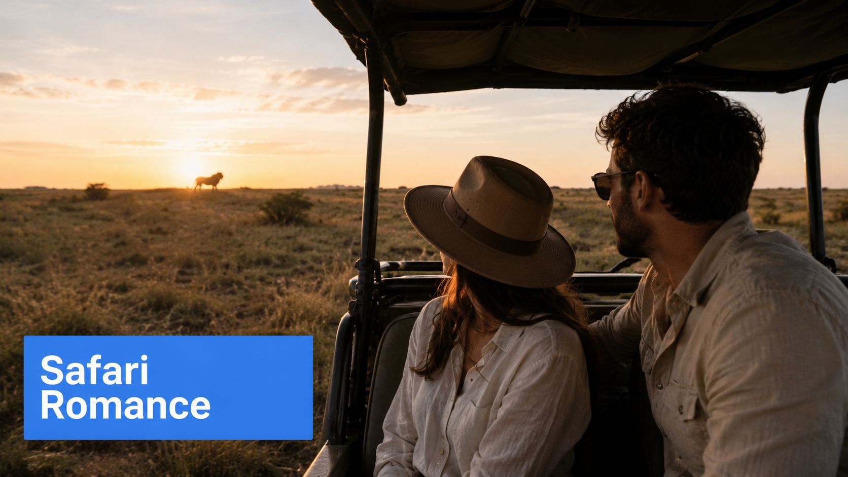 A couple on a romantic safari tour watching a lion in the distance at sunset in Africa.