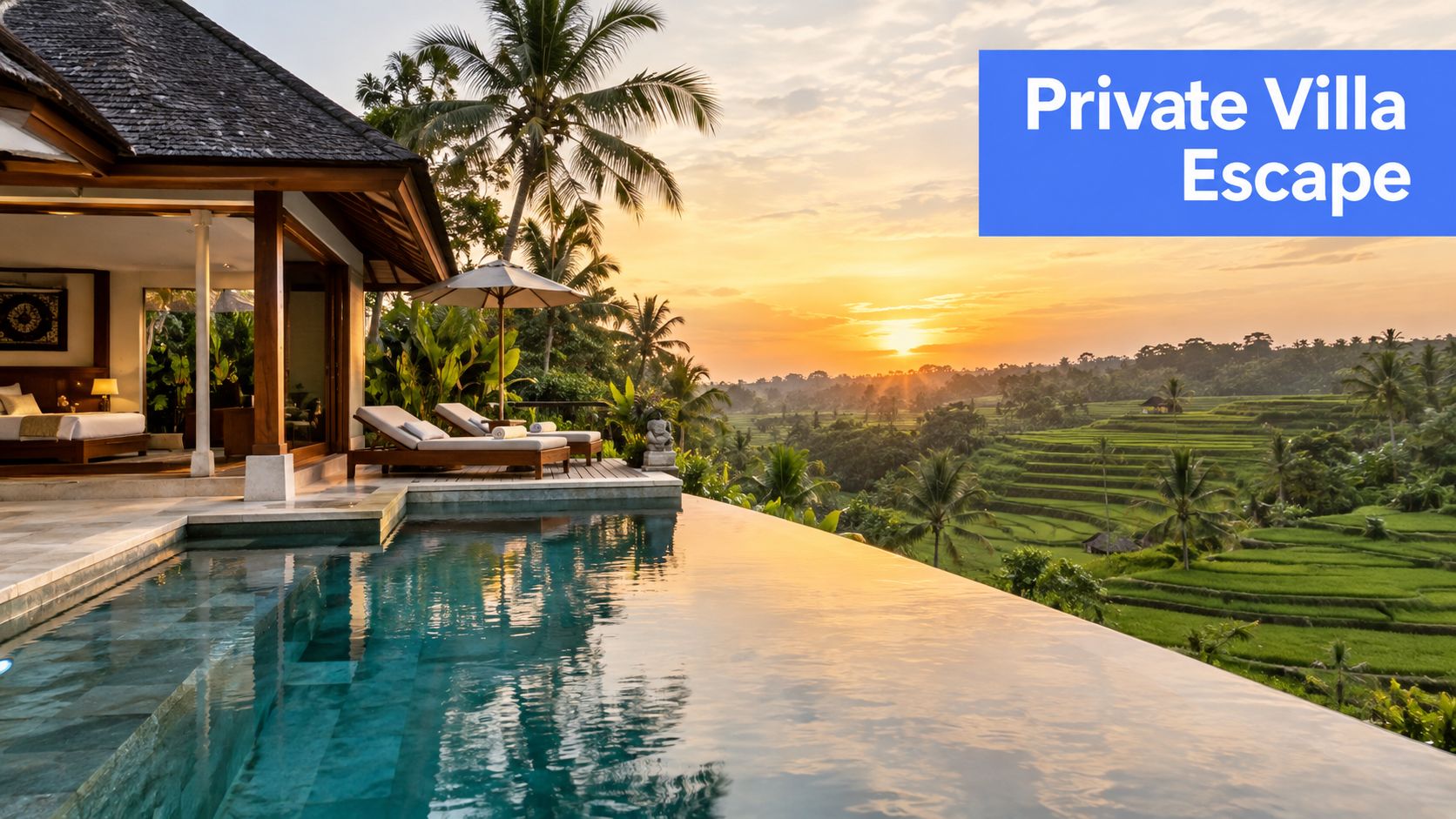 A luxurious infinity pool overlooking vibrant green terraced rice fields in Bali during a golden sunset.