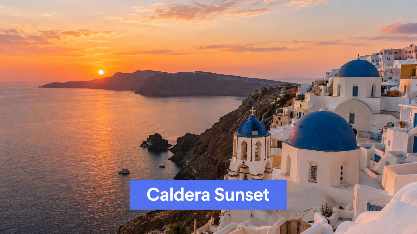 A breathtaking view of Oia, Santorini, featuring iconic blue-domed churches during a beautiful golden sunset over the sea.