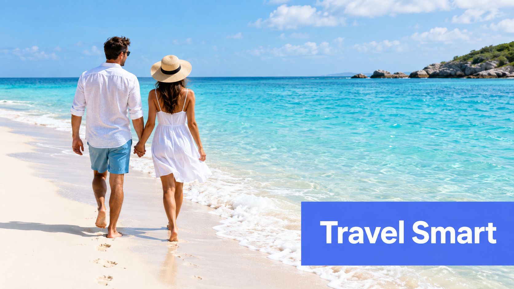 A couple walking hand in hand on a beautiful white sand beach near turquoise ocean water