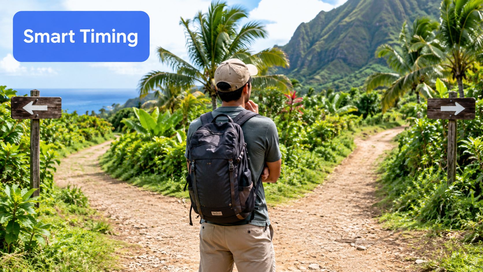 A hiker with a backpack standing at a fork in a tropical path, deciding which way to go.