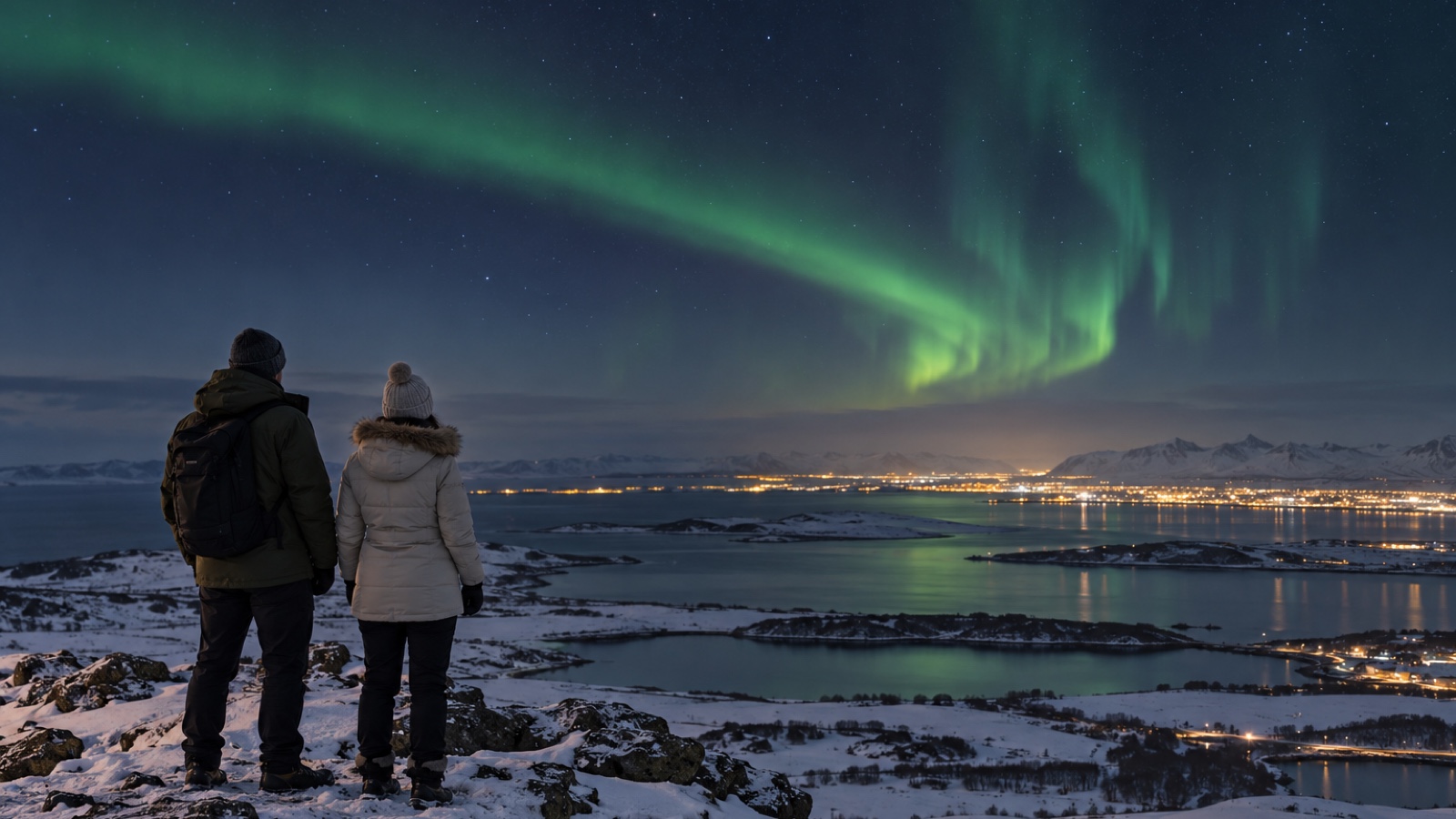 A pair of bundled travelers watches the northern lights above a snowy Icelandic overlook.