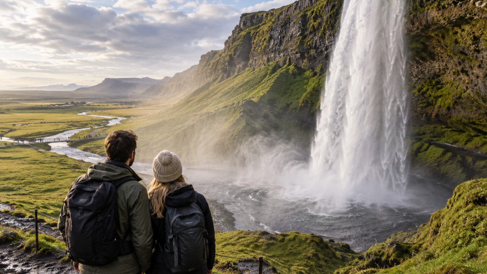 A couple in hiking layers views an Icelandic waterfall from a marked path in summer.