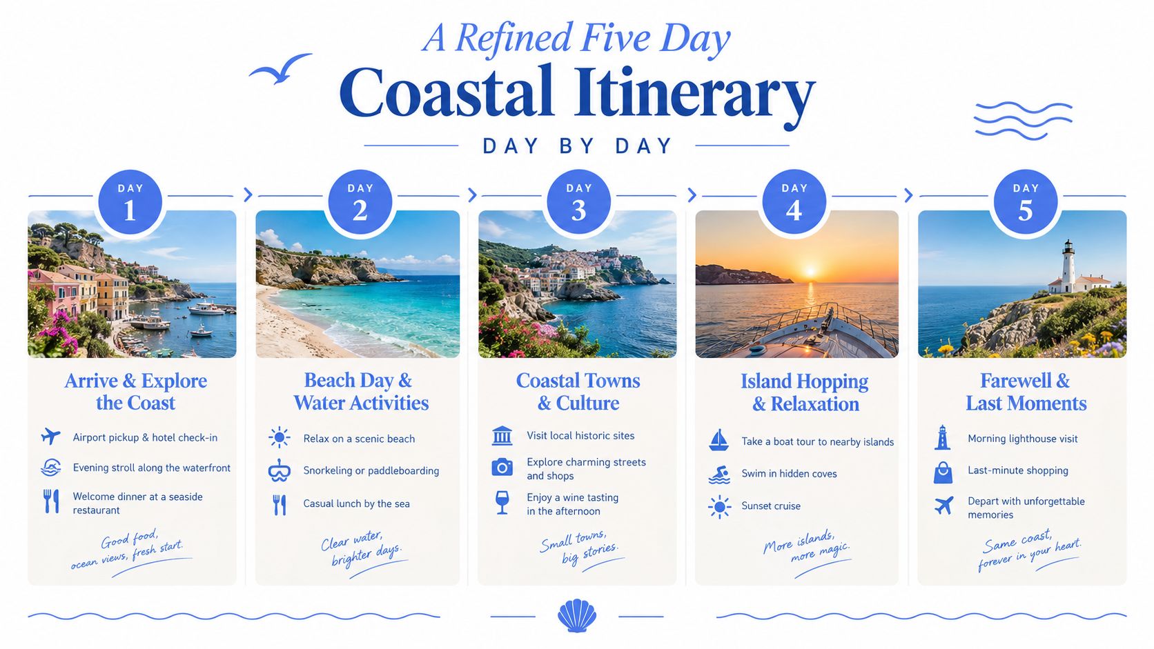A five-day coastal travel itinerary infographic featuring scenic beach views and daily activity suggestions for tourists.