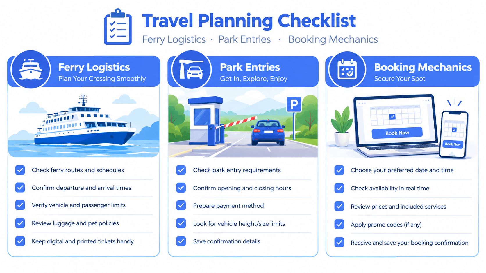 A travel planning checklist infographic detailing steps for ferry logistics, park entries, and online booking mechanics.