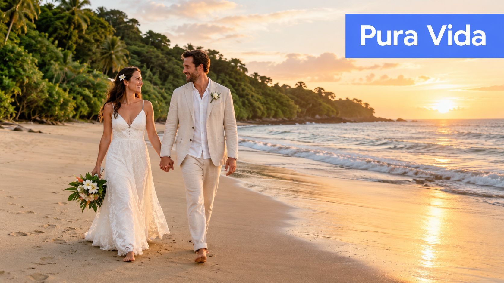 A newlywed couple walking hand in hand along a tropical beach during a golden sunset wedding ceremony.
