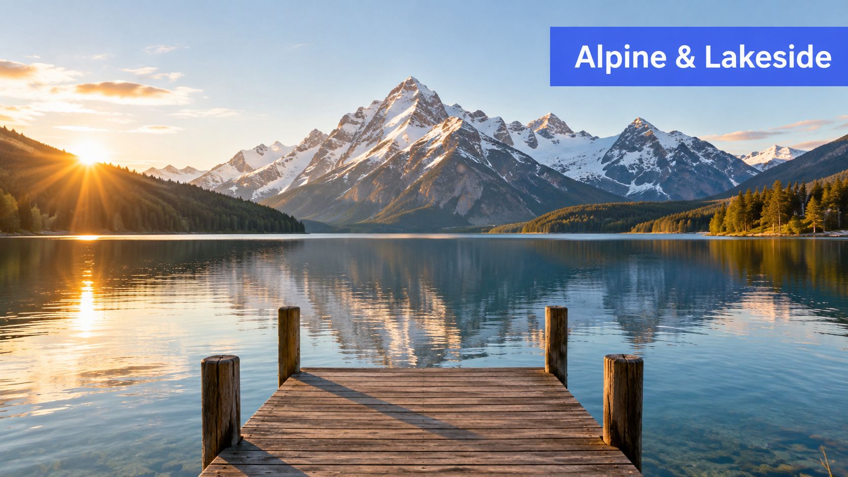 A scenic wooden pier stretching into a calm alpine lake reflecting snow-capped mountains during a golden sunrise.