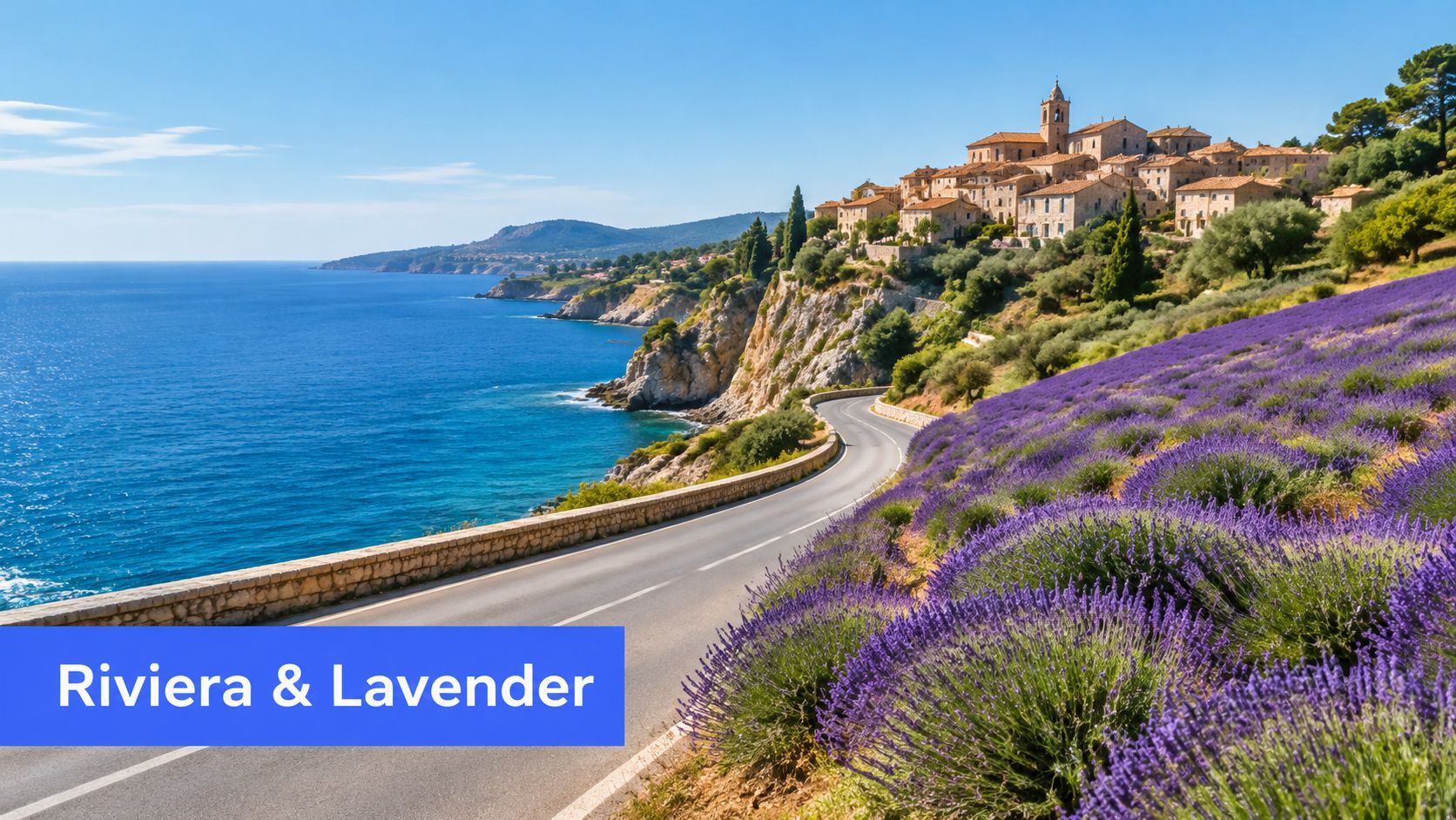 A scenic coastal road curves beside a vibrant purple lavender field overlooking the blue Mediterranean Sea.