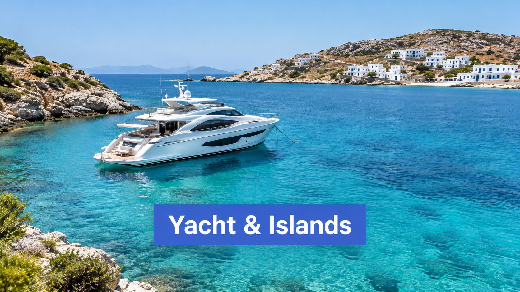 A luxurious white yacht anchored in the crystal clear turquoise water of a beautiful Mediterranean island bay.