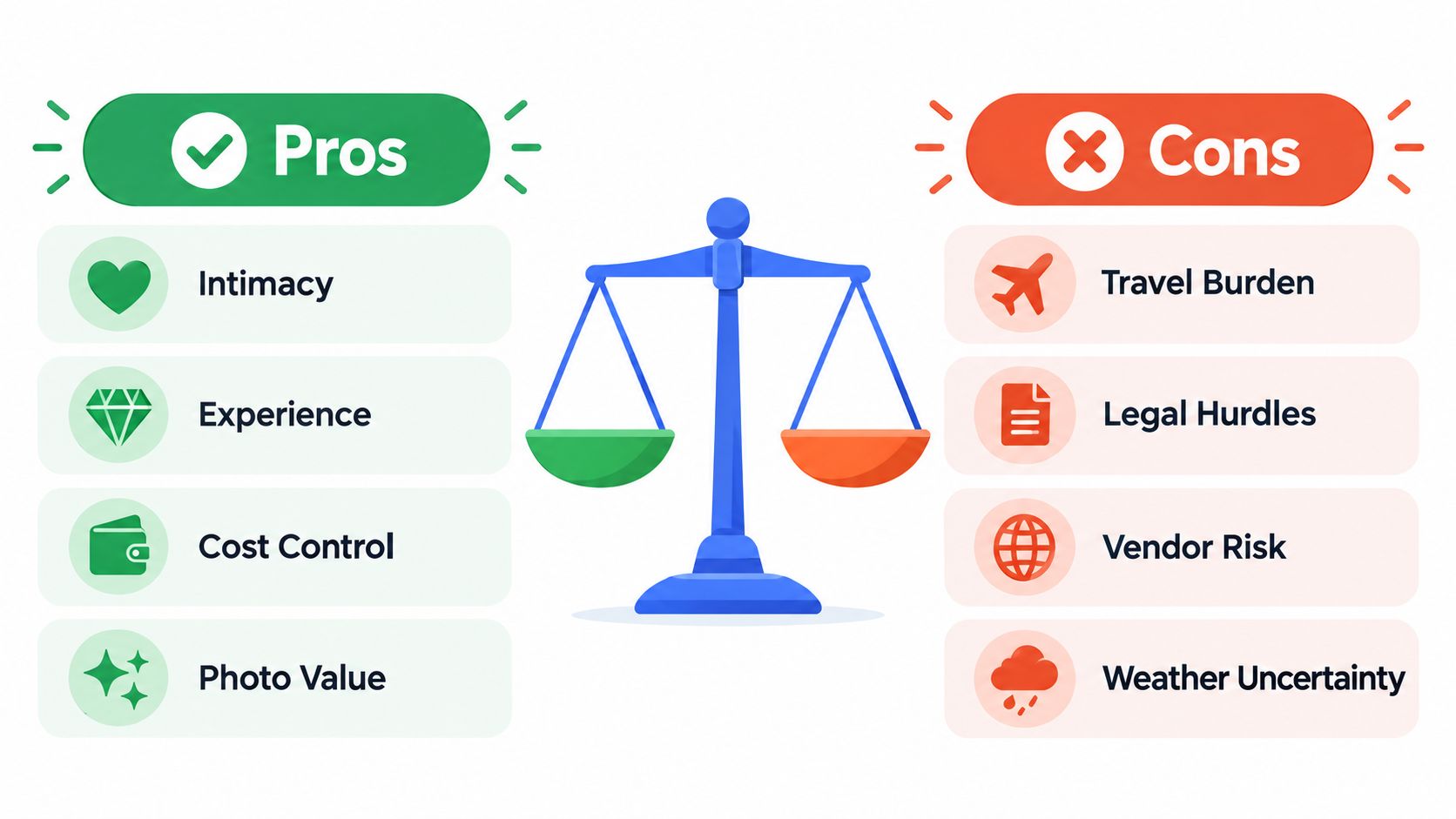 A balanced scale comparing pros and cons of destination weddings with bulleted lists of key considerations.