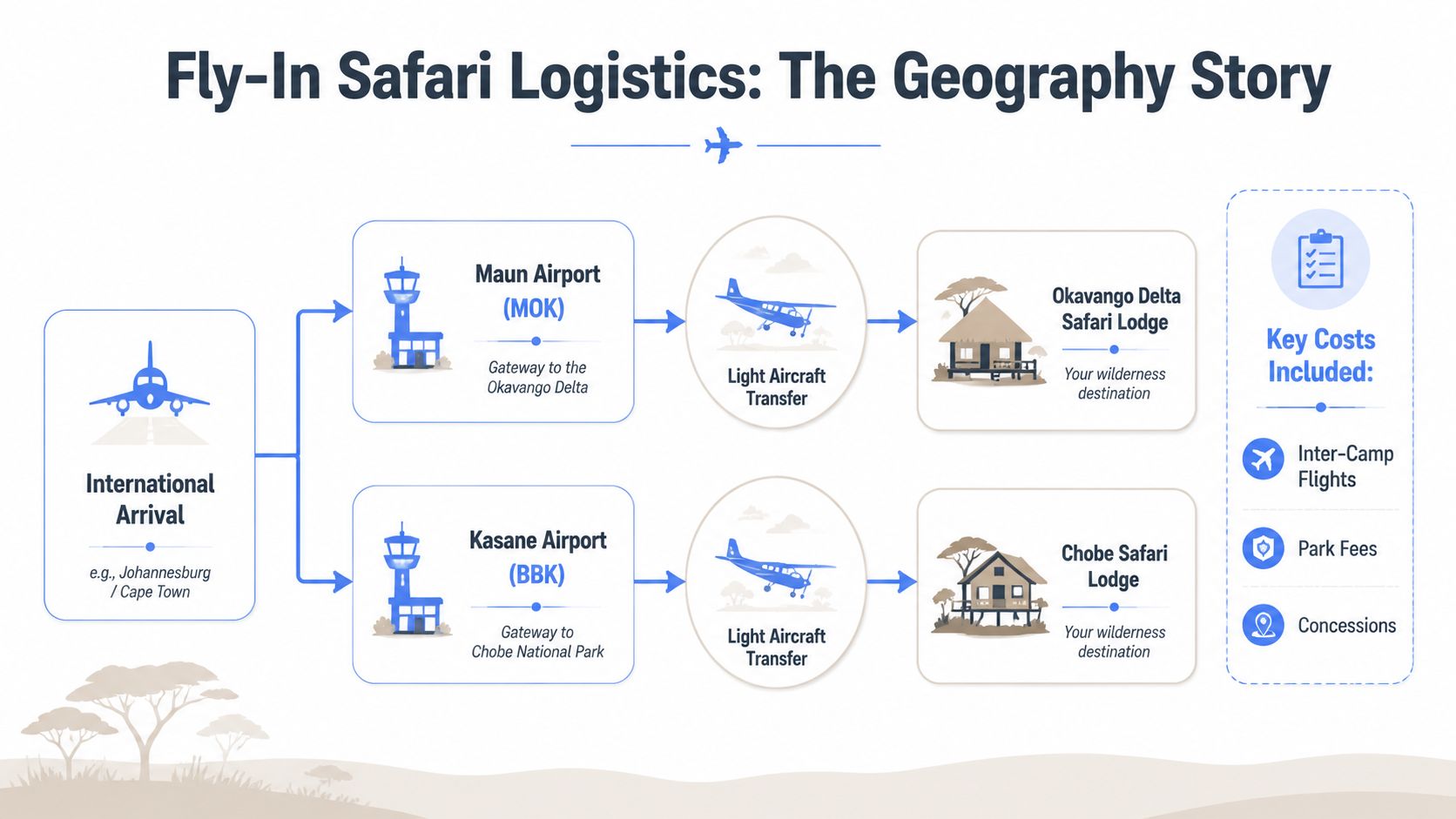 A diagram illustrating the logistics of flying into safari locations in Botswana via major international hubs.