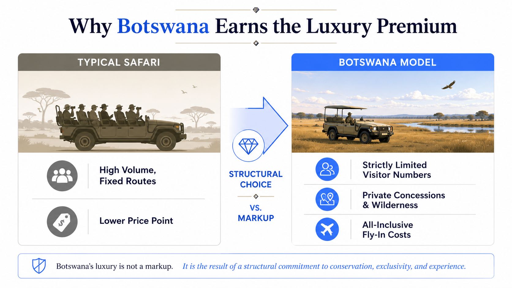 An infographic comparing a typical high-volume safari with the exclusive, limited-access Botswana model luxury safari experience.