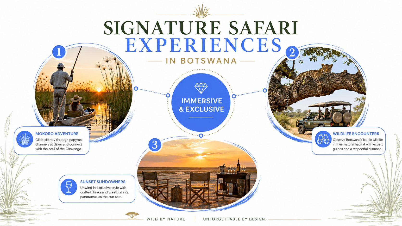 A travel infographic showcasing three signature safari experiences in Botswana including mokoro adventures, wildlife encounters, and sundowners.