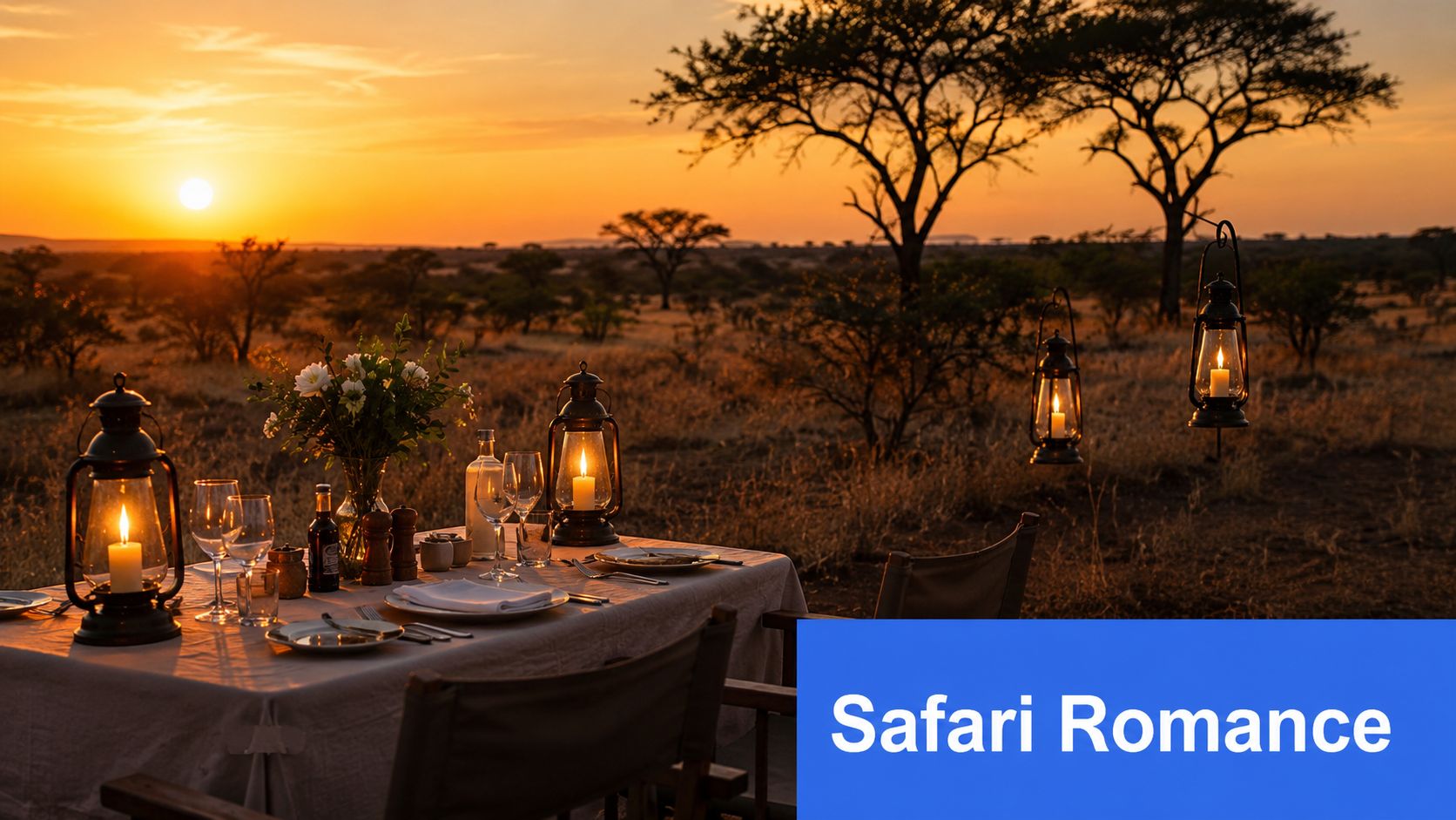 A romantic outdoor dinner table set for two at sunset in the African savannah landscape.