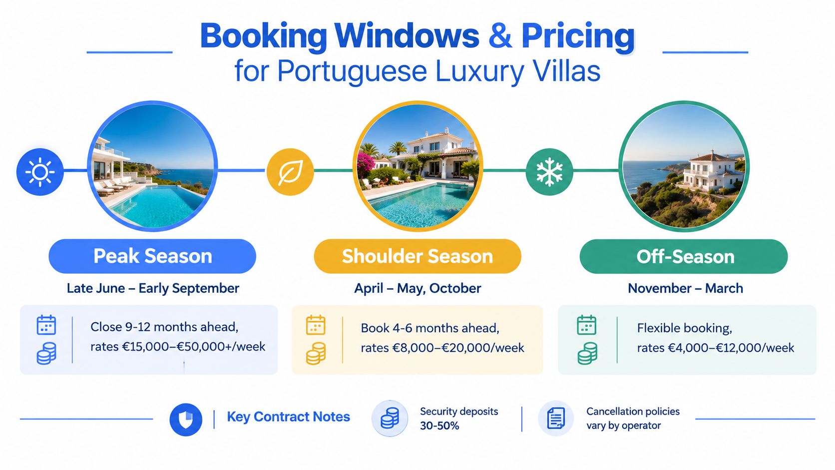 A travel infographic explaining the booking windows and weekly rental pricing for luxury villas in Portugal.