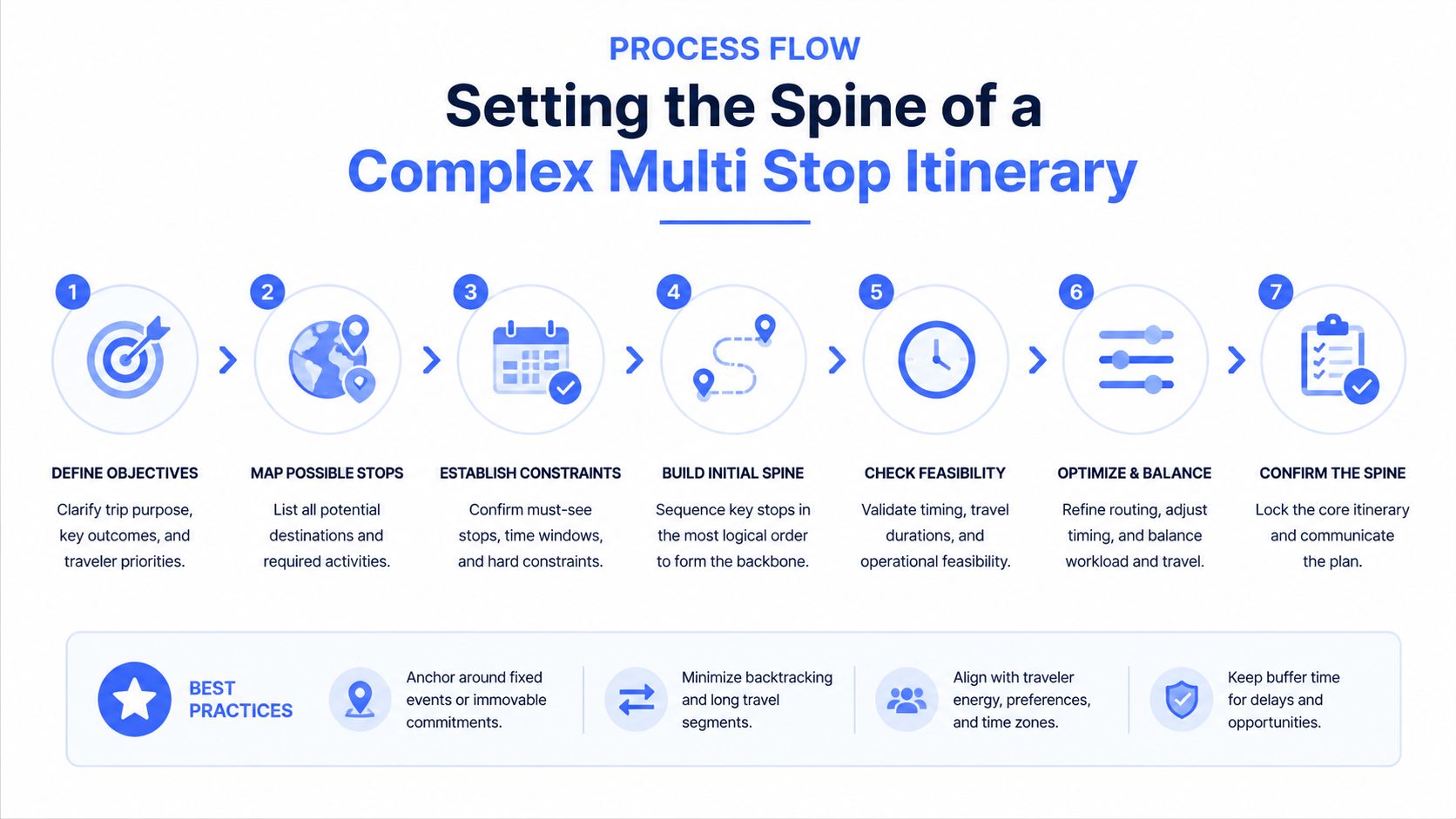 A process flow chart showing seven steps to build a complex multi stop travel itinerary.