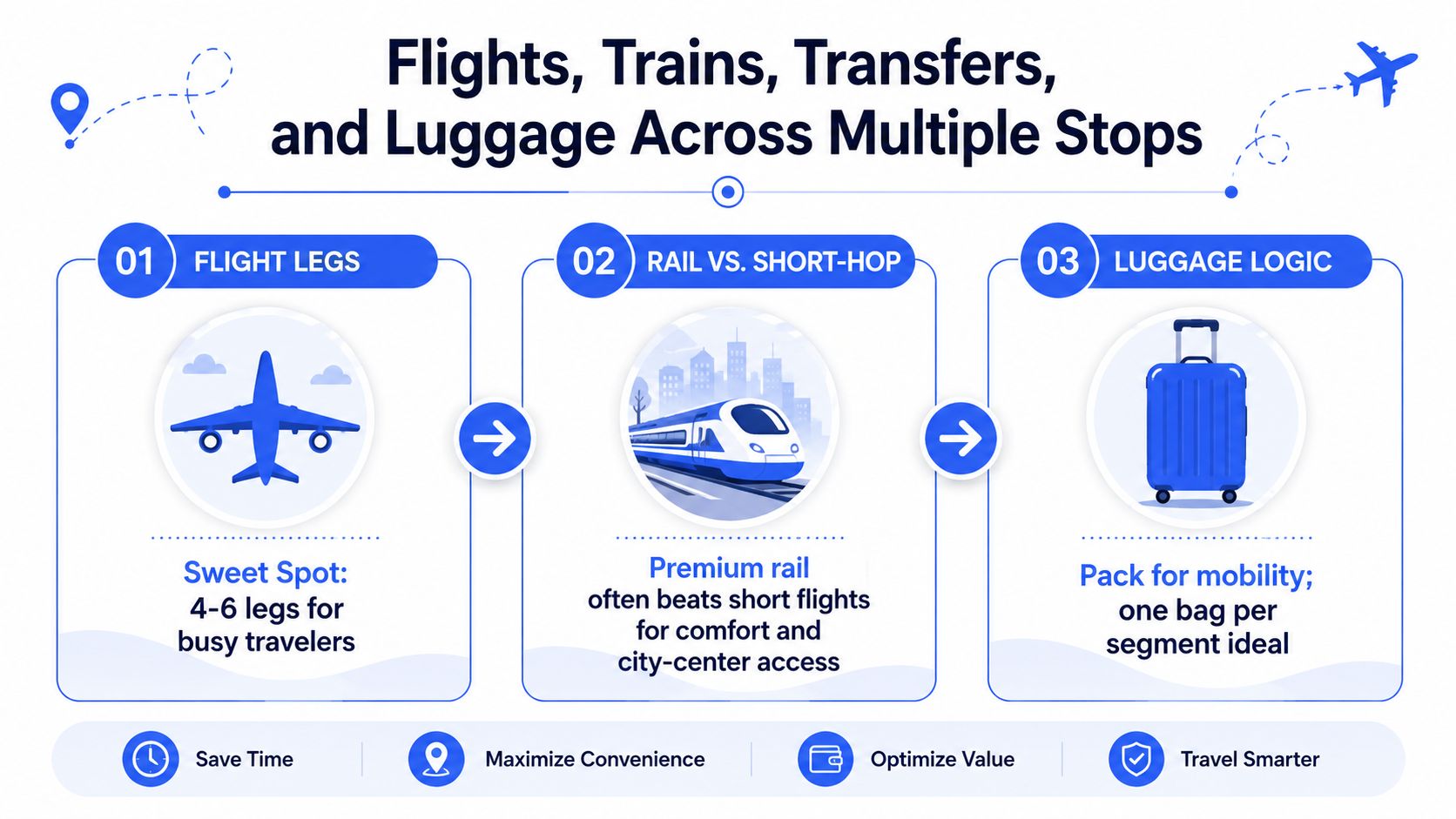 An infographic showing three tips for planning travel with multiple stops, including flights, rail, and luggage management.