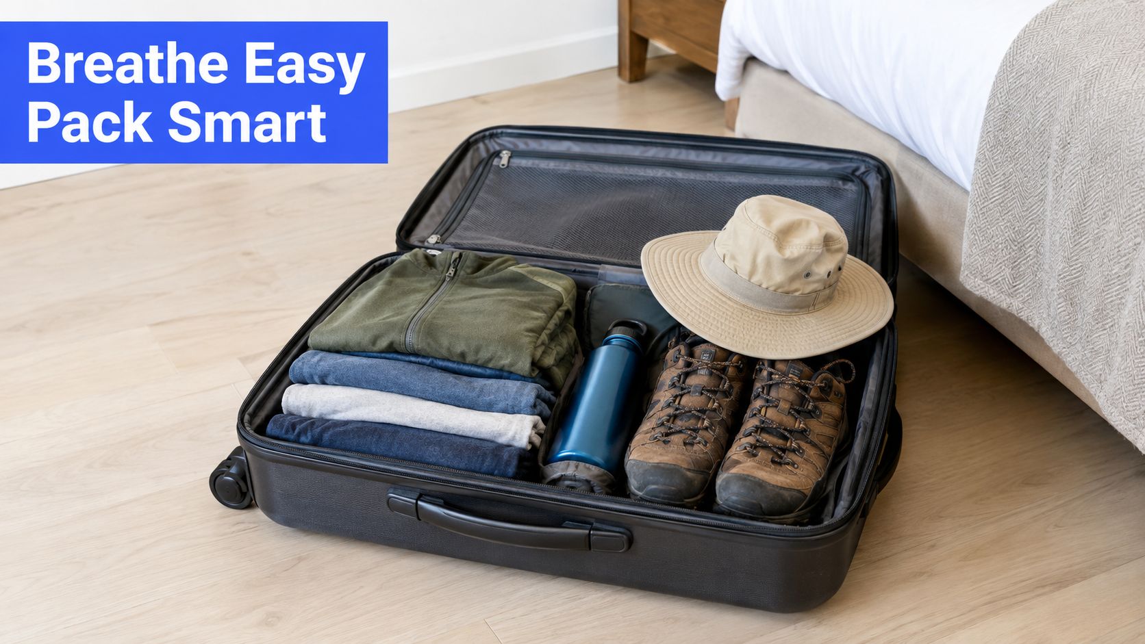 A black suitcase packed with folded clothes, hiking boots, a beige sun hat, and a water bottle.