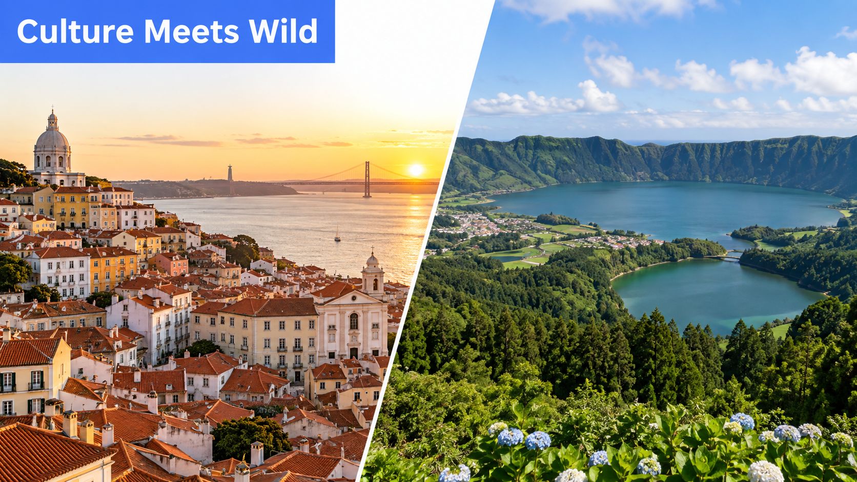 A split image showing the historic city of Lisbon at sunset and the scenic lakes of Azores, Portugal.