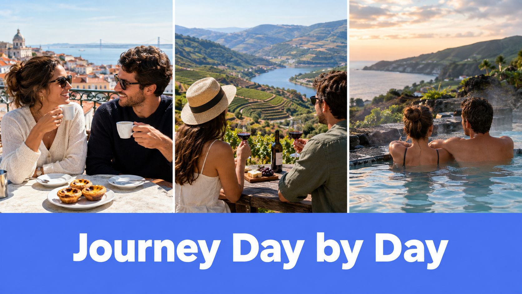 A collage showing a couple enjoying breakfast, wine tasting in a vineyard, and relaxing in thermal pools.