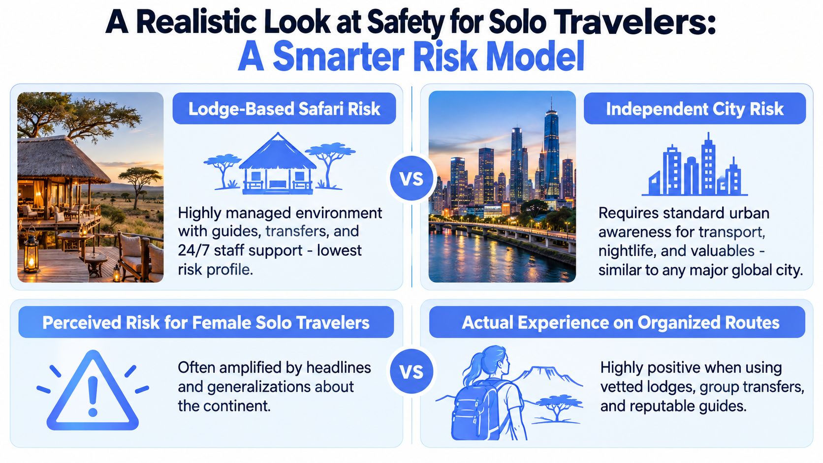 An infographic comparing safety risks between lodge-based safaris and independent city travel for solo travelers.