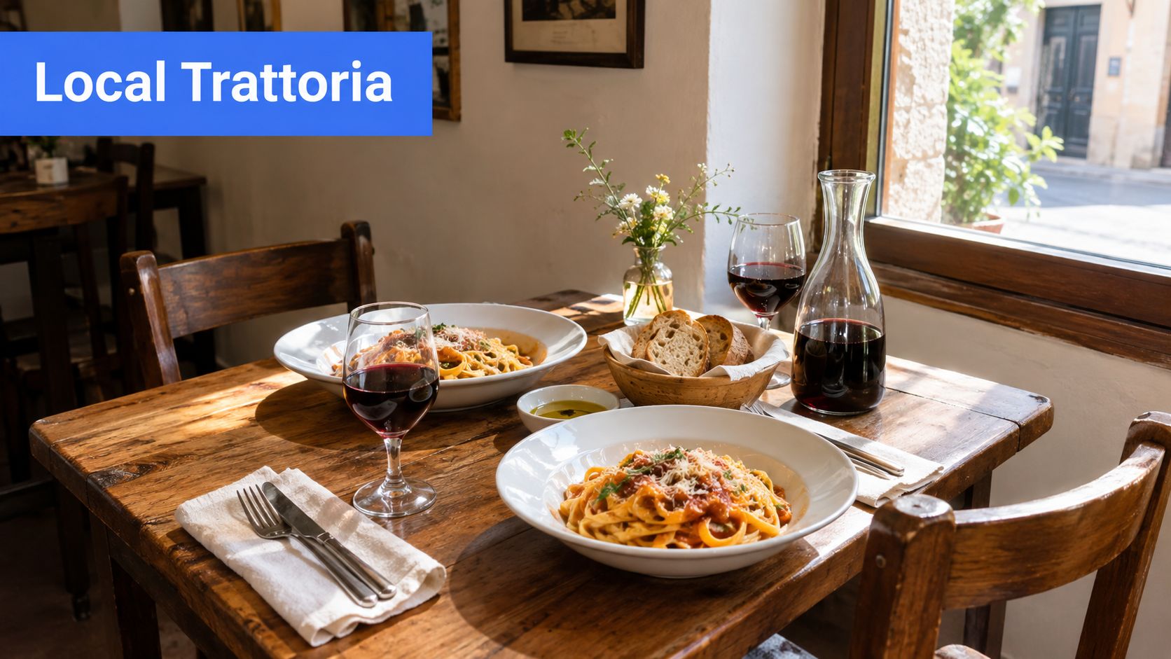 A rustic wooden table in a sunny trattoria set for a meal with pasta, wine, and bread.