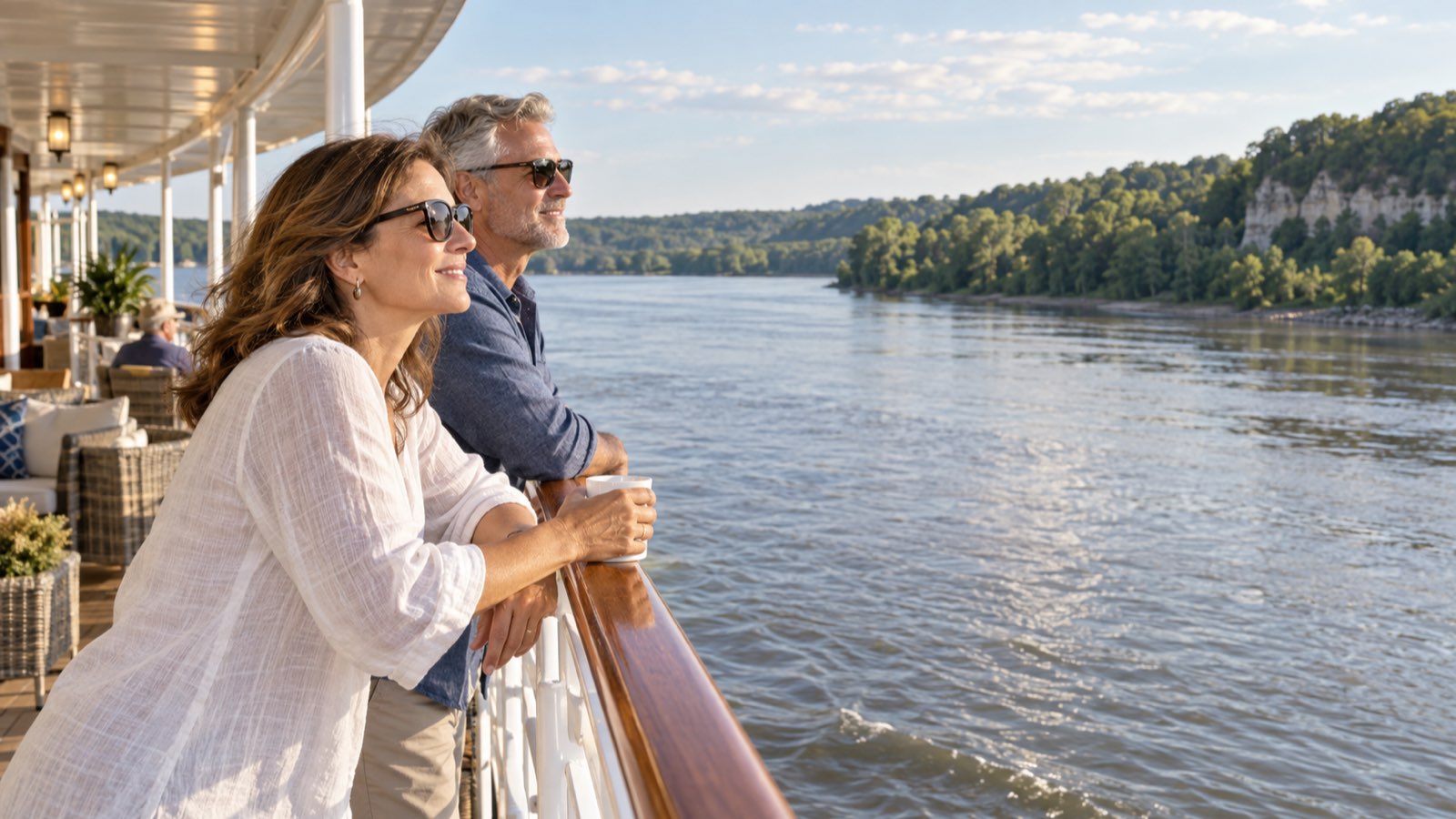 Two travelers watch the Mississippi River from the open deck of a small cruise vessel.