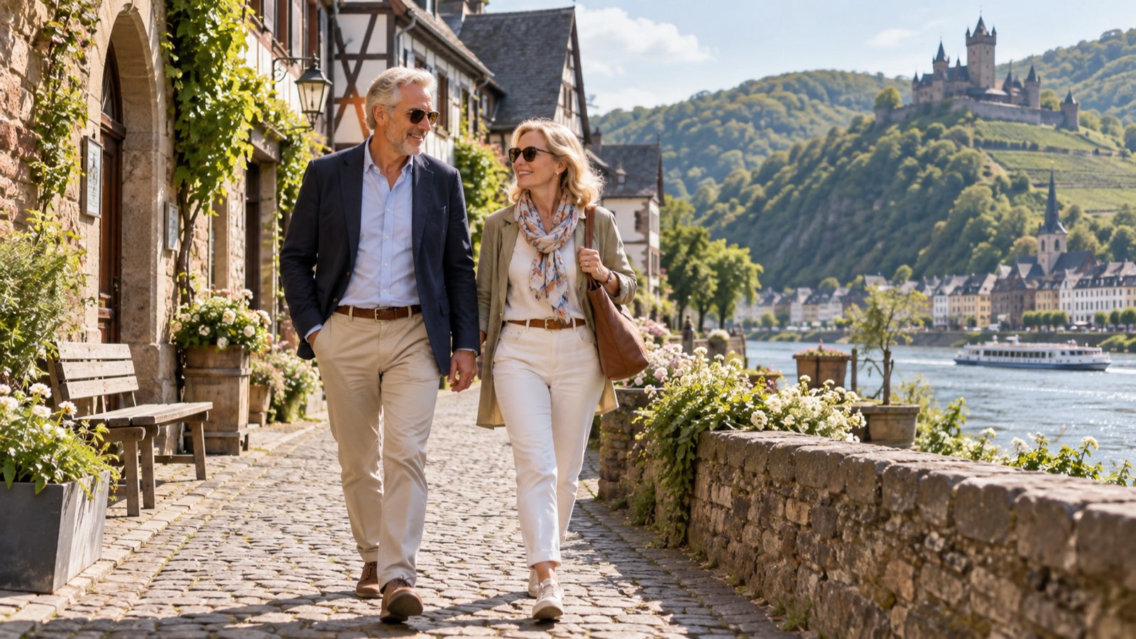 A couple walks through a sunlit Rhine village near the river before returning to their ship.
