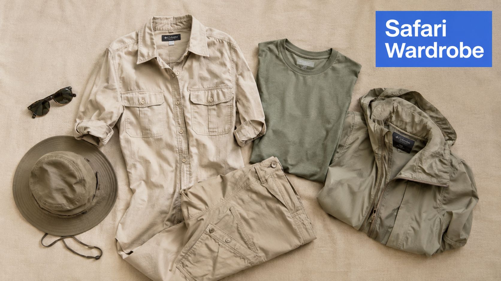 A collection of khaki and olive safari clothing including a shirt, pants, t-shirt, jacket, hat, and sunglasses.