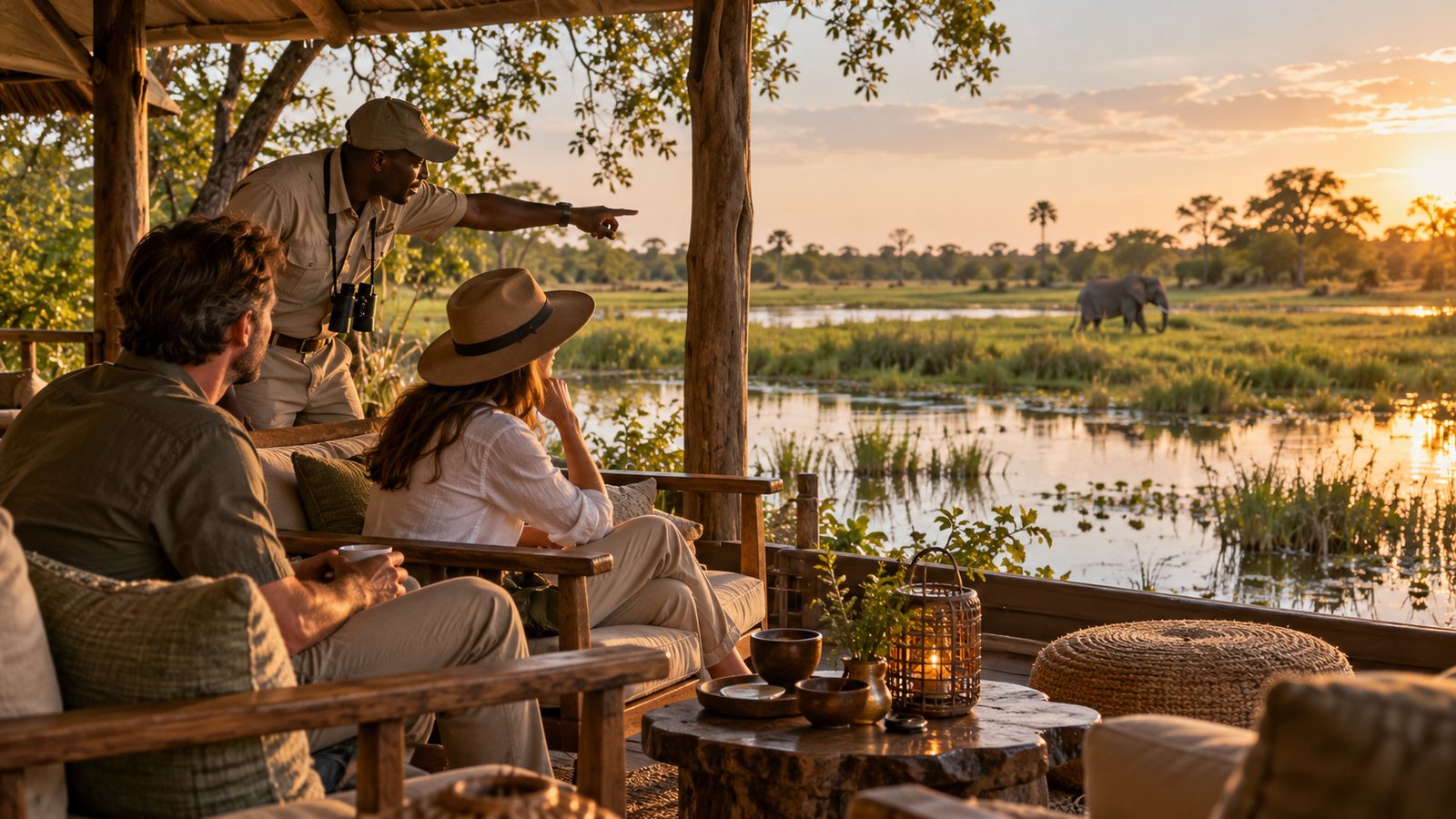 A couple watches a distant elephant from a quiet safari camp lounge beside a Delta channel.