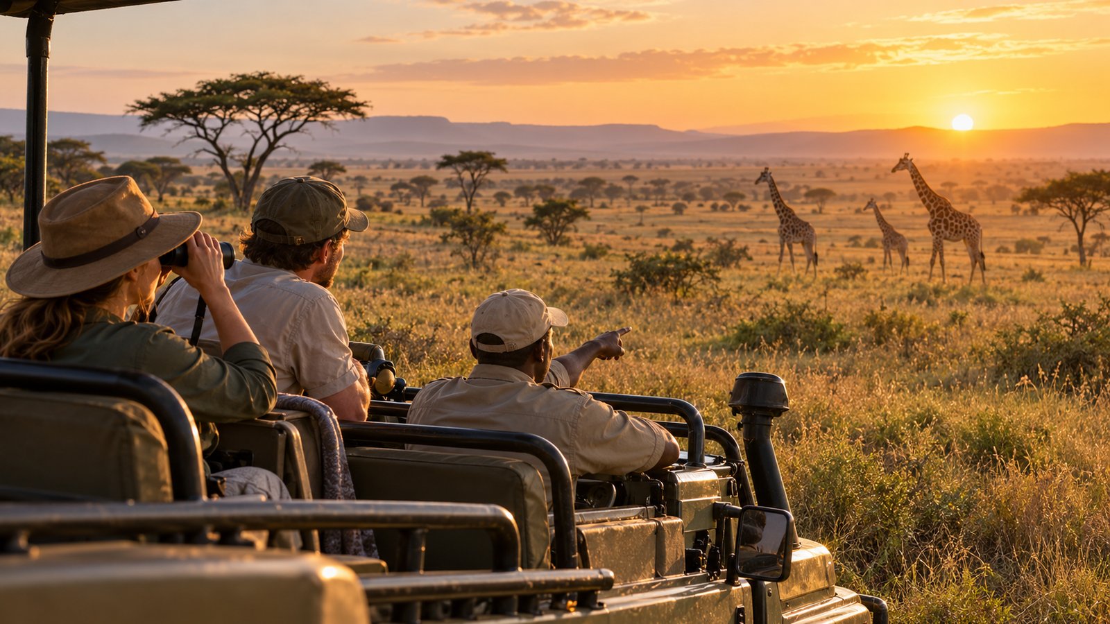 A safari guide and two travelers watch giraffes from a vehicle on open grassland at sunrise.
