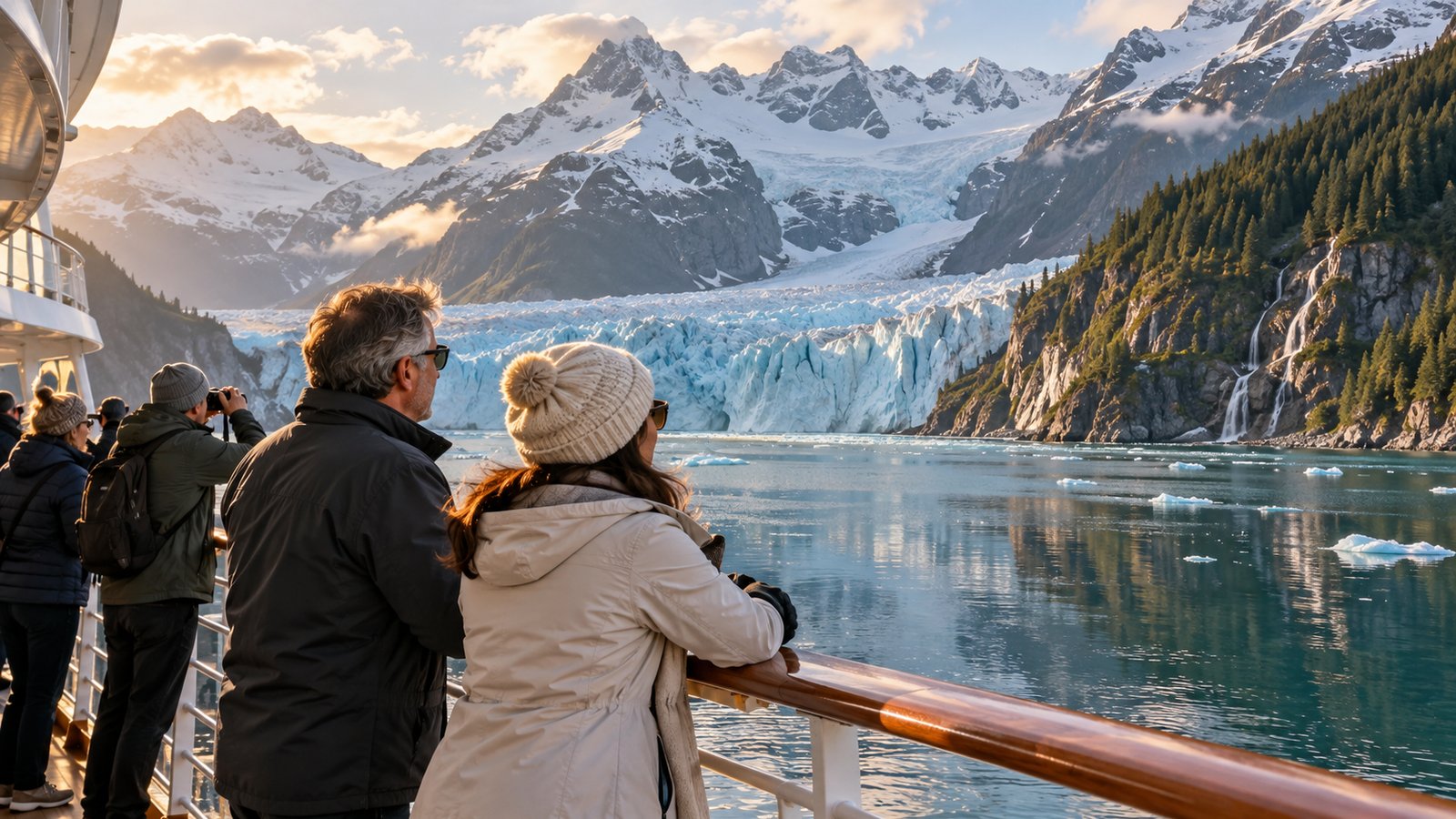 A couple watches a glacier from the deck of a small ship in an Alaskan fjord.