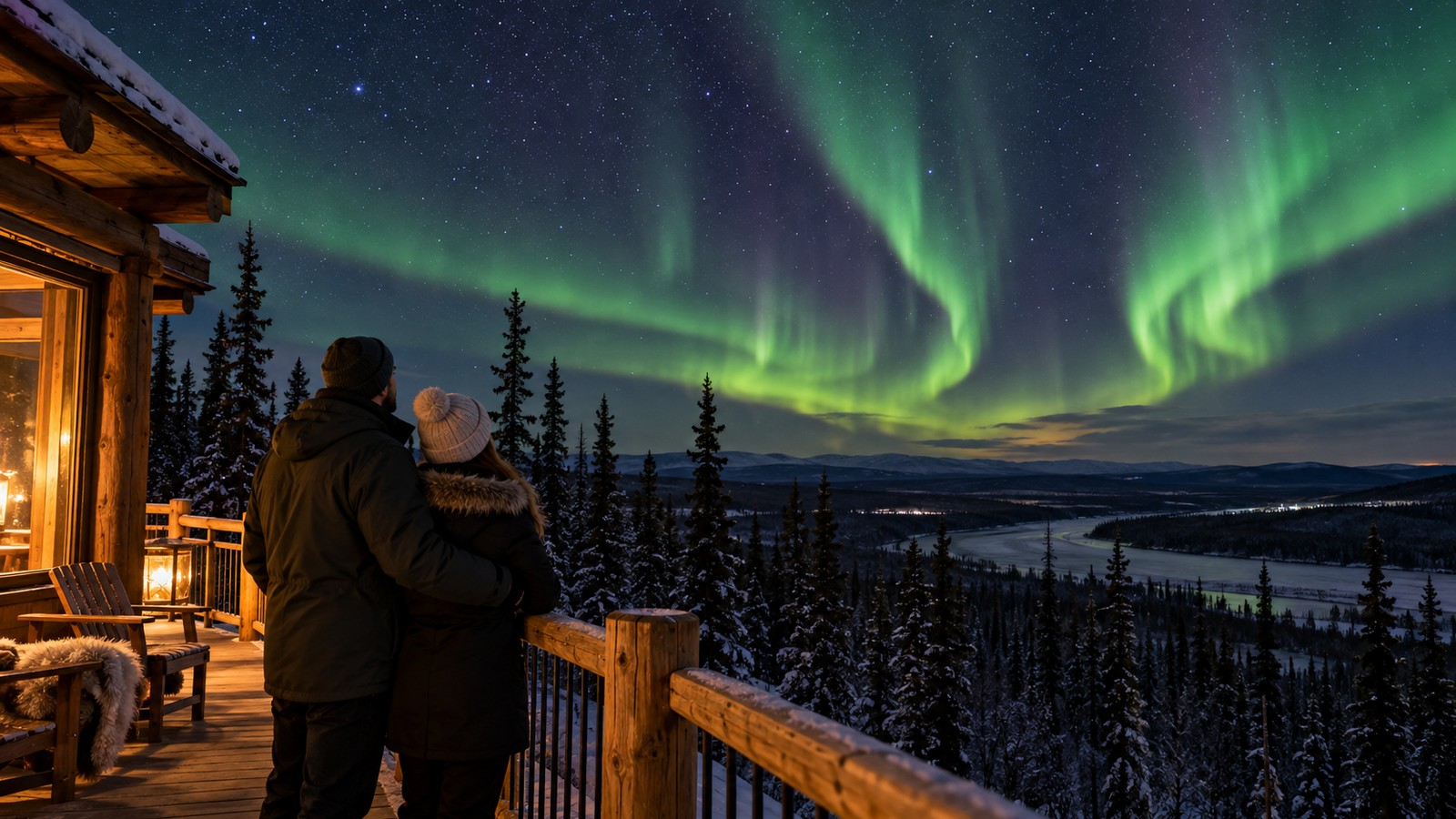 A couple in warm coats watches faint northern lights over trees near Fairbanks at night.
