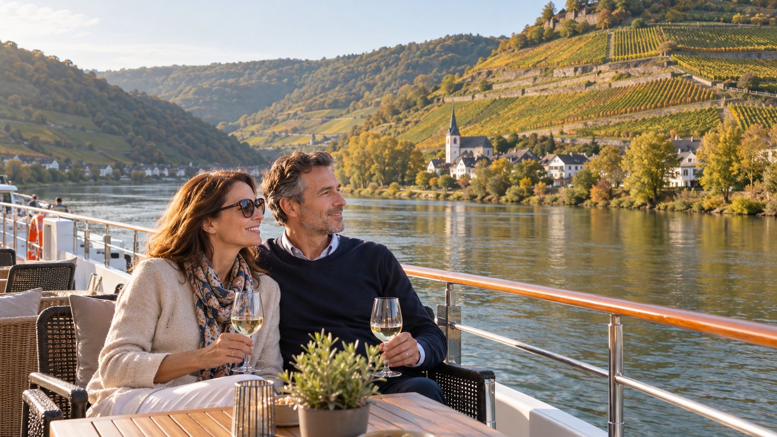 A couple relaxes together on a river ship deck while terraced vineyards pass in afternoon sunlight.