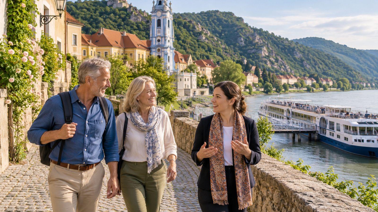A couple walks a cobbled riverside town street with their guide during a European cruise stop.