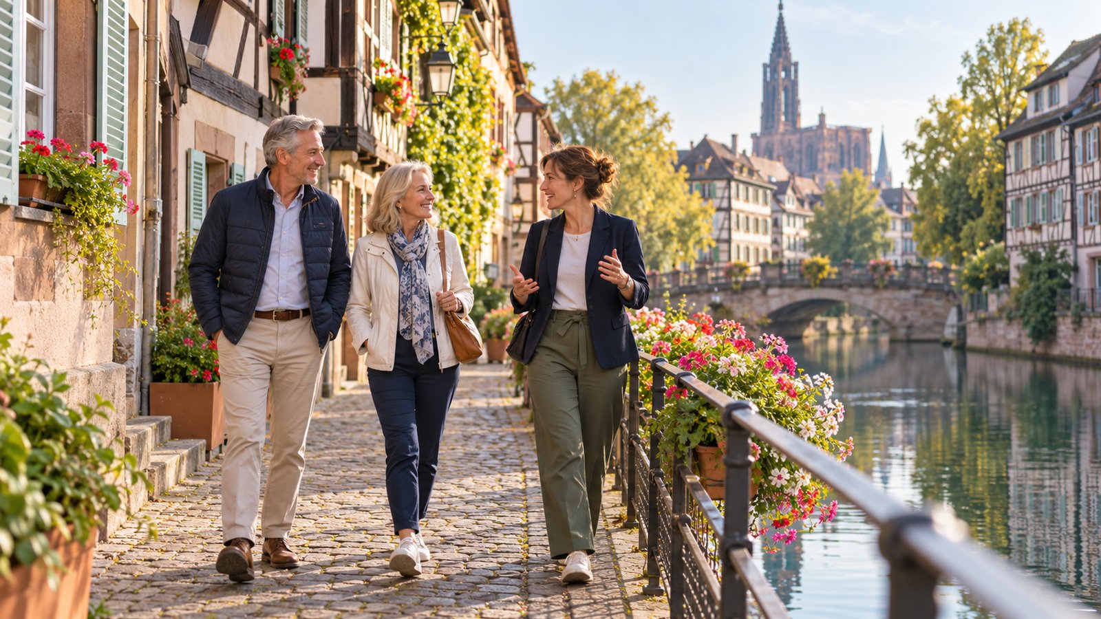 A couple walks with a guide through an Alsace lane during a European river cruise excursion.
