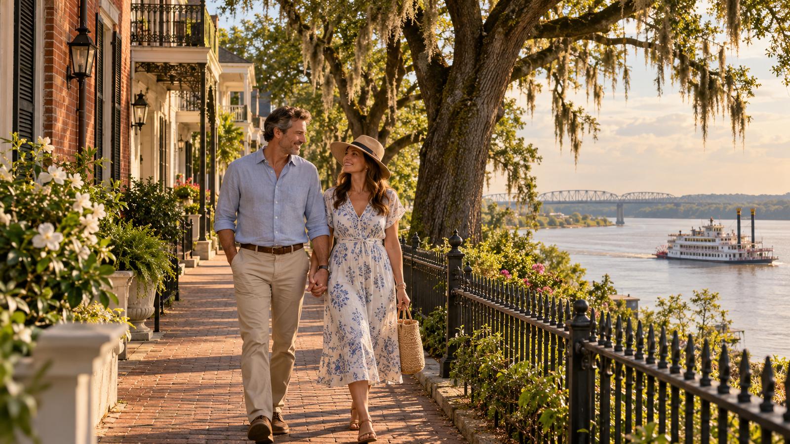 A couple walks past historic brick buildings toward the Mississippi River in warm afternoon light.