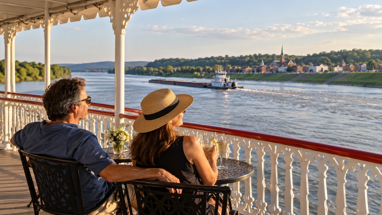 A couple looks across the Mississippi River from the open deck of a small unbranded riverboat.