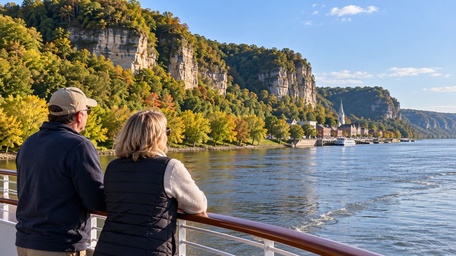 A pair of travelers watches forested bluffs along the Upper Mississippi from a small river vessel.